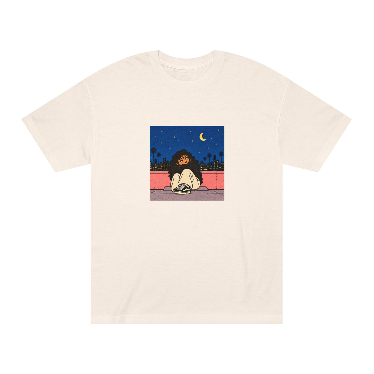 Front view of the Cream Sunday 03 T-Shirt with the seated girl and moonlit city artwork