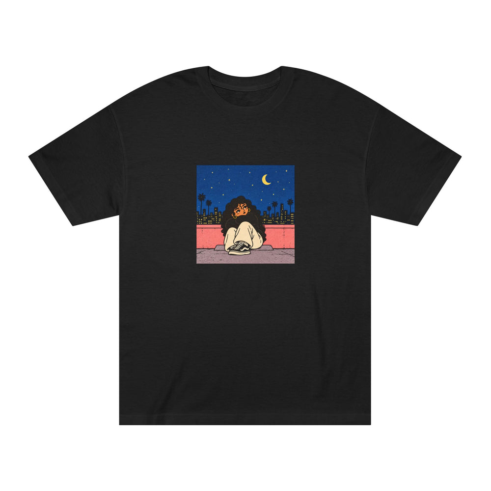 Front view of the Black Sunday 03 T-Shirt with the seated girl and moonlit city artwork