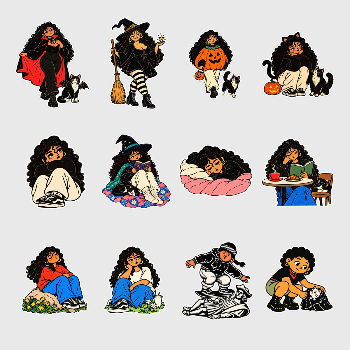 PONYTAIL Sticker Club twelve-design preview on light gray to show white sticker borders; two stickers per month
