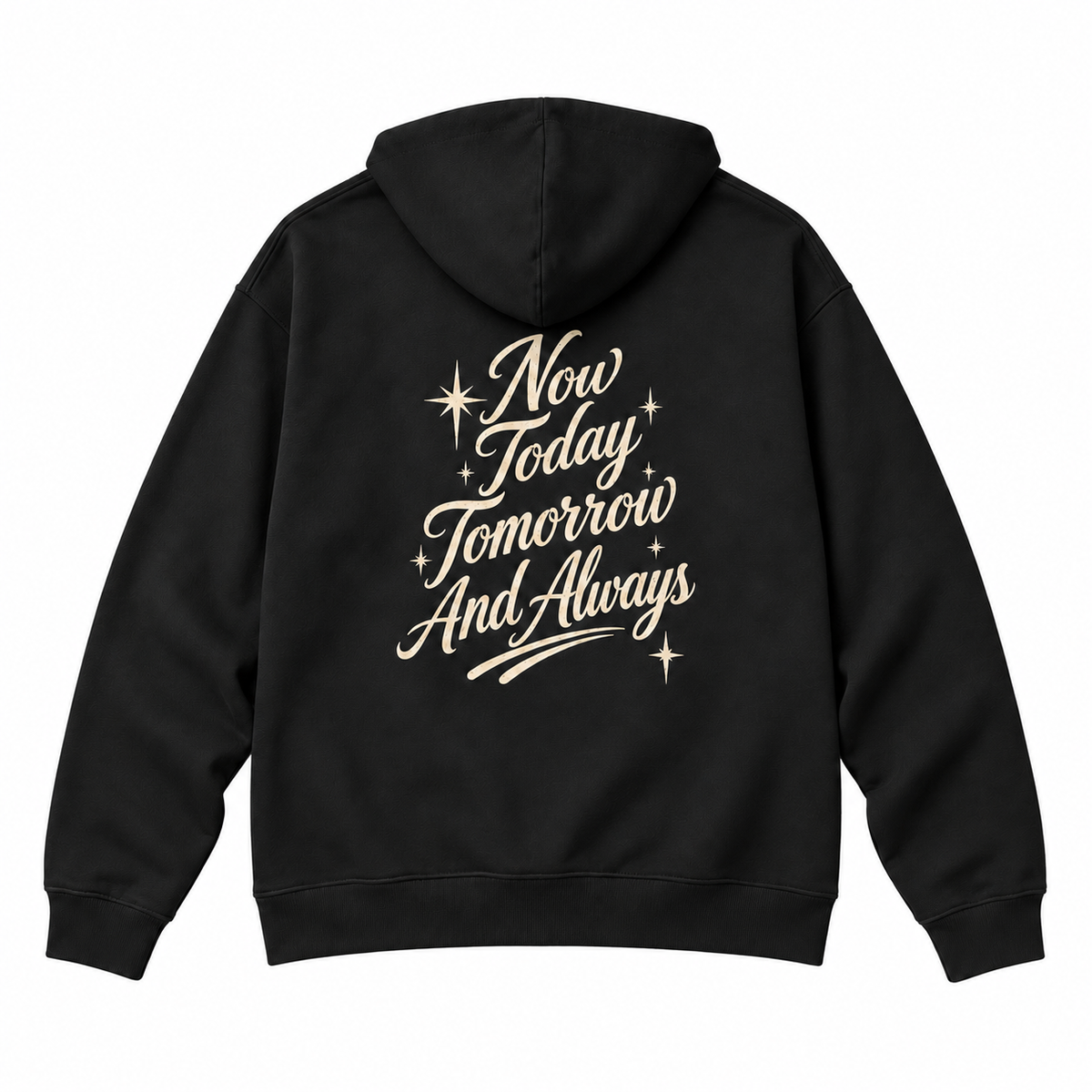 PONYTAIL Today Tomorrow and Always black hoodie, back view on white