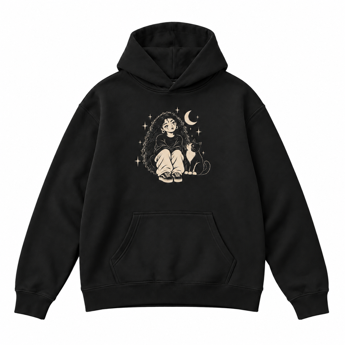 PONYTAIL Today Tomorrow and Always black hoodie, front view on white